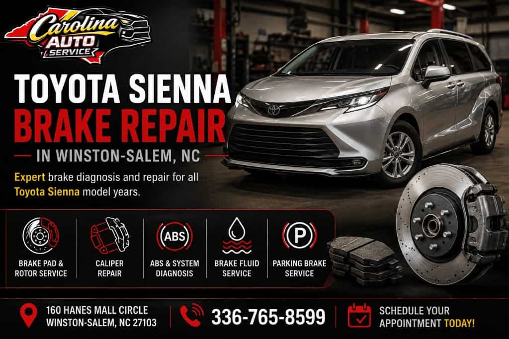 Toyota Sienna Brake Repair Winston-Salem NC. Technician performing Toyota Sienna brake repair at Carolina Auto Service in Winston-Salem NC