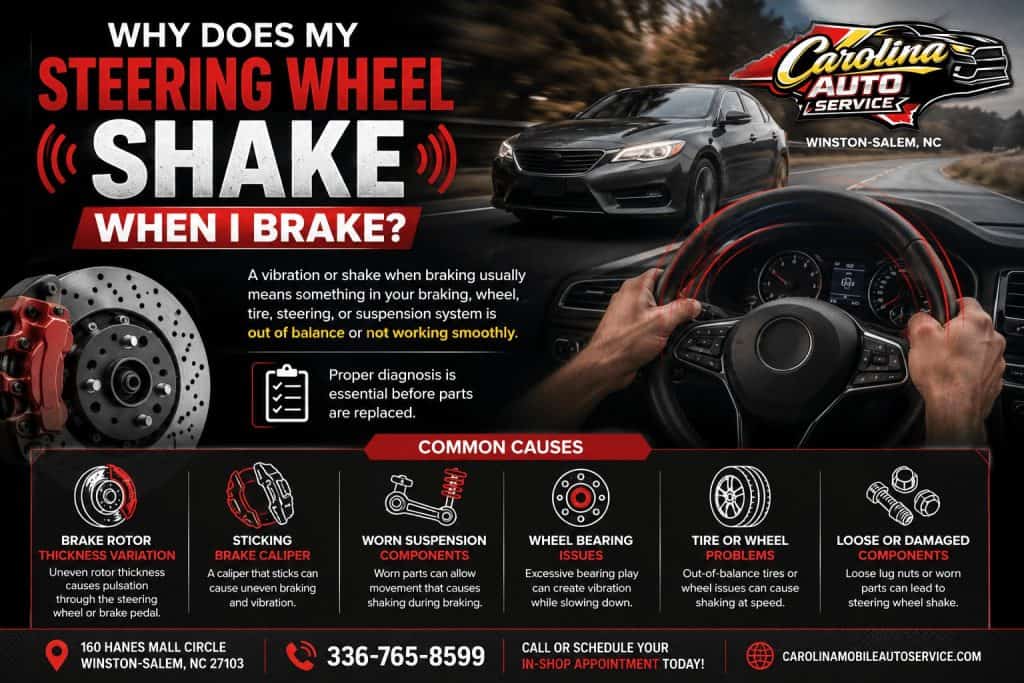 Carolina Auto Service infographic showing common causes of steering wheel shaking when braking, including brake rotor variation, sticking calipers, worn suspension, wheel bearings, tire problems, and loose components Why Does My Steering Wheel Shake When I Brake.