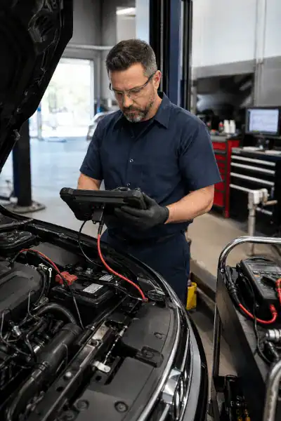 echnician performing automotive diagnostic testing at a professional repair shop