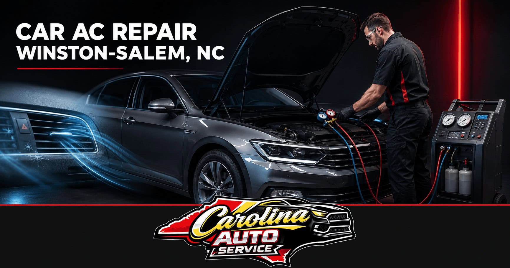 Technician performing car AC diagnostics for automotive air conditioning repair in Winston-Salem at Carolina Auto Service