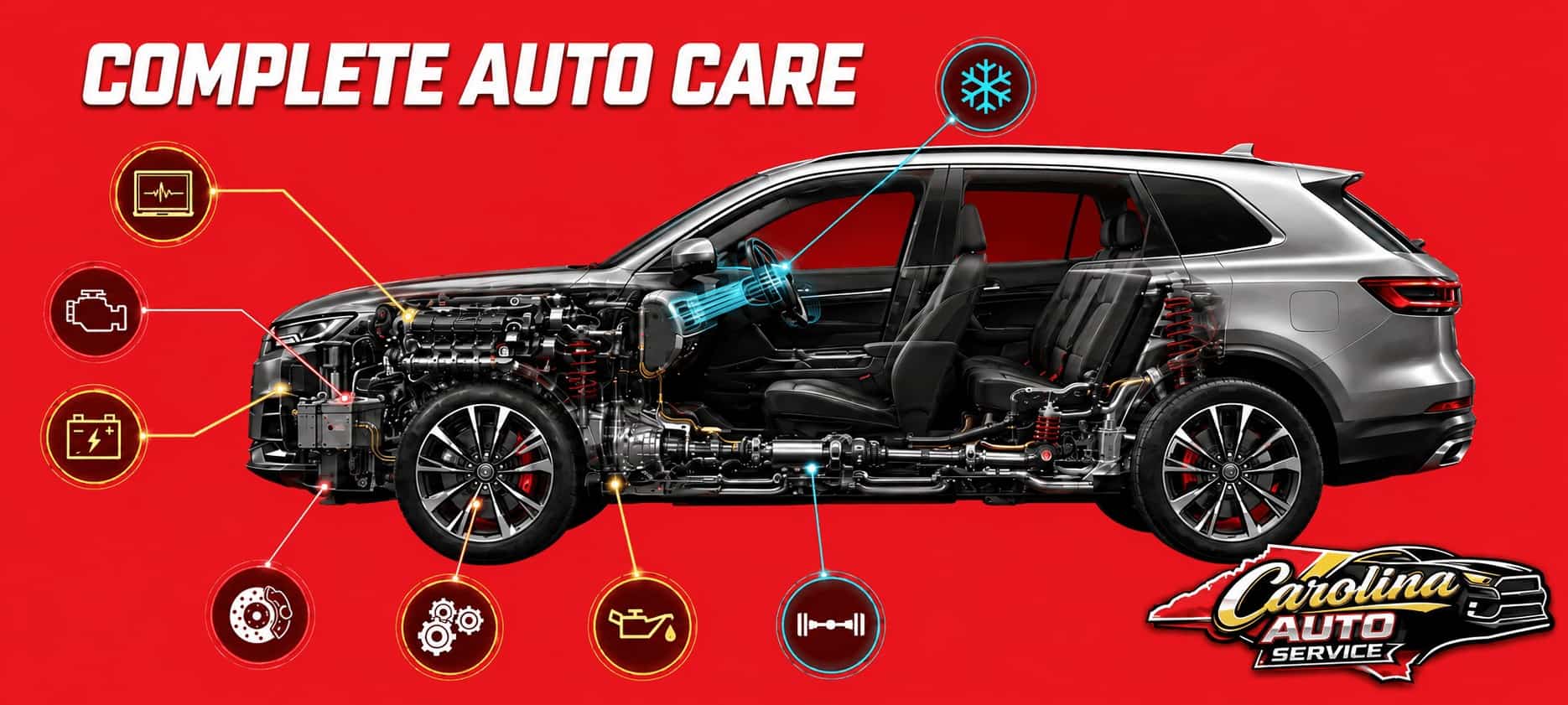 Vehicle cutaway highlighting complete auto care services at Carolina Auto Service in Winston-Salem, NC