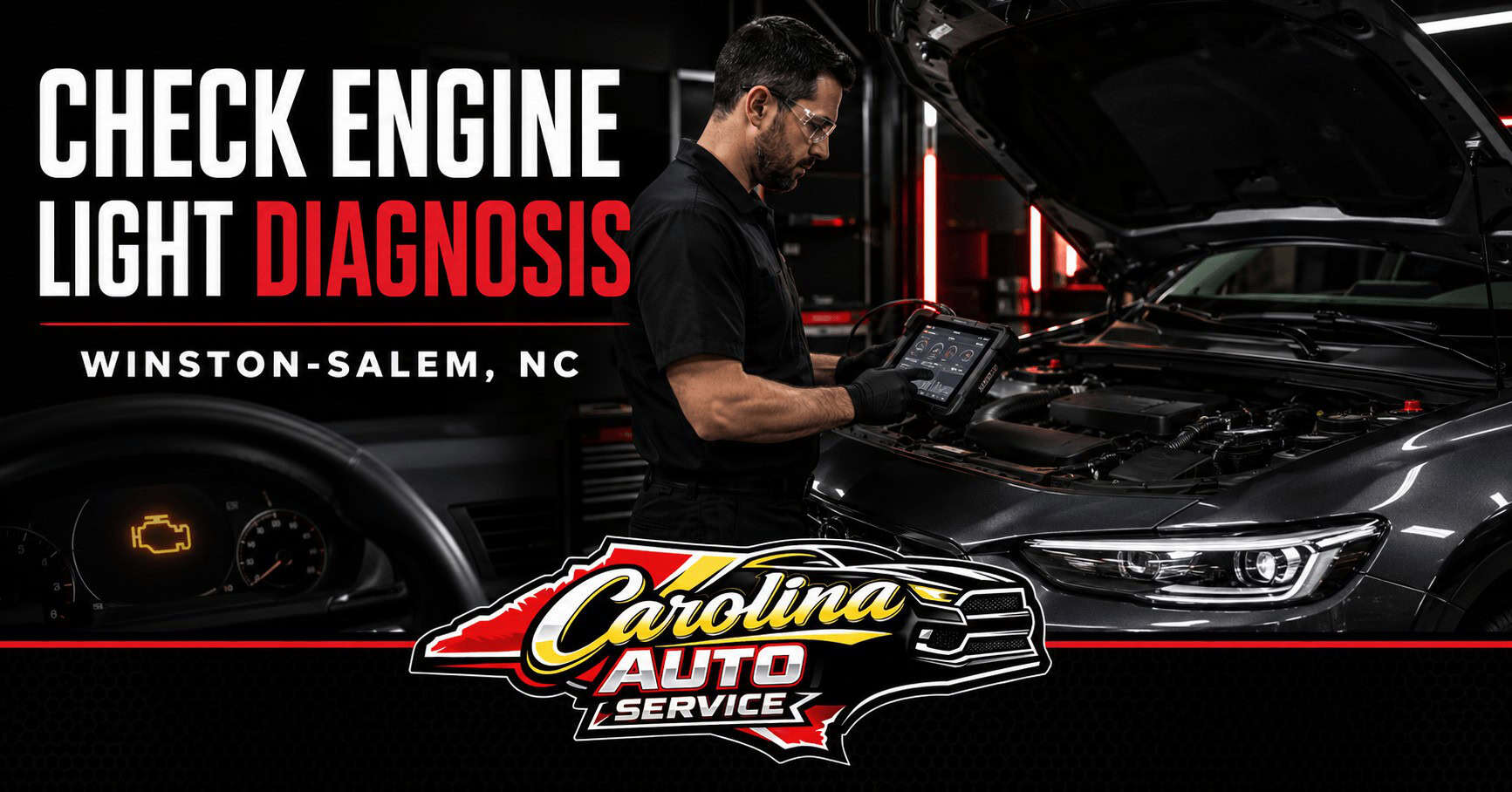 Technician performing check engine light diagnosis in Winston-Salem at Carolina Auto Service