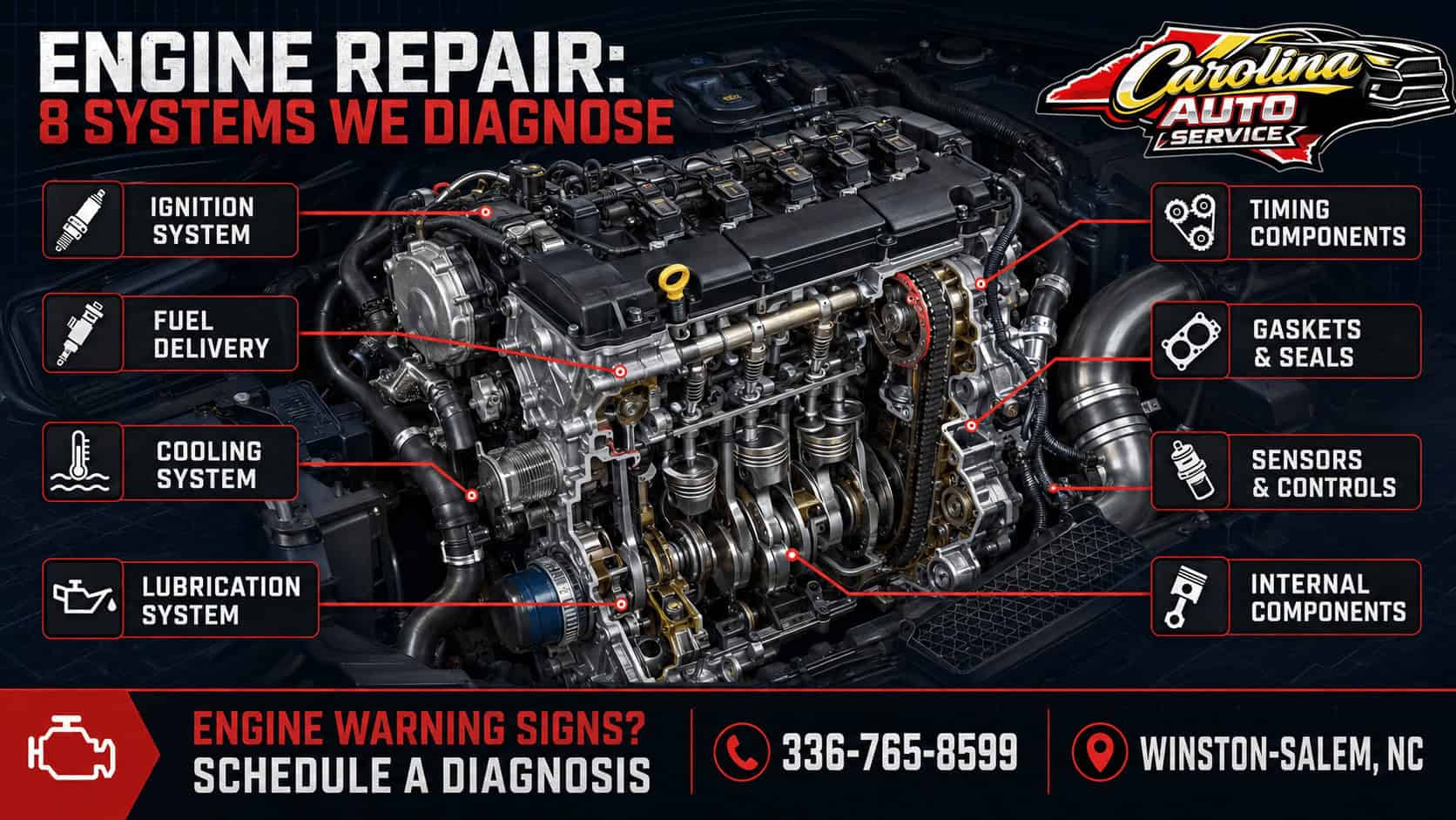 Engine repair infographic showing ignition, fuel delivery, cooling, lubrication, timing, gaskets, sensors and internal engine components in Winston-Salem, NC.