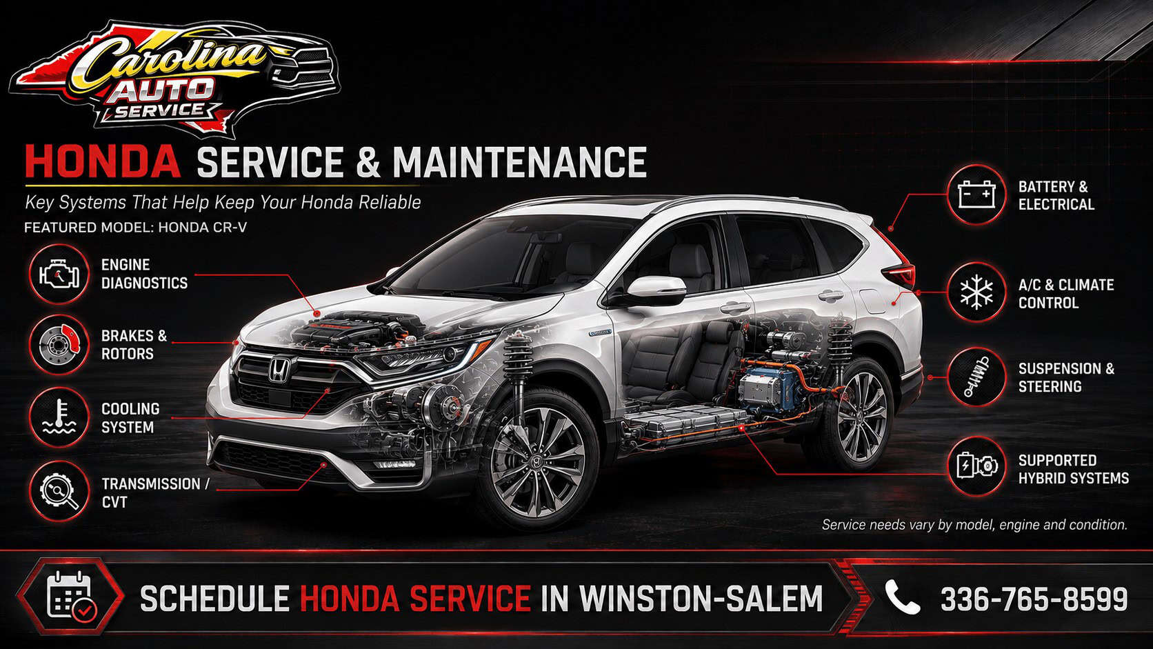 Honda CR-V repair and maintenance infographic for Carolina Auto Service in Winston-Salem, NC