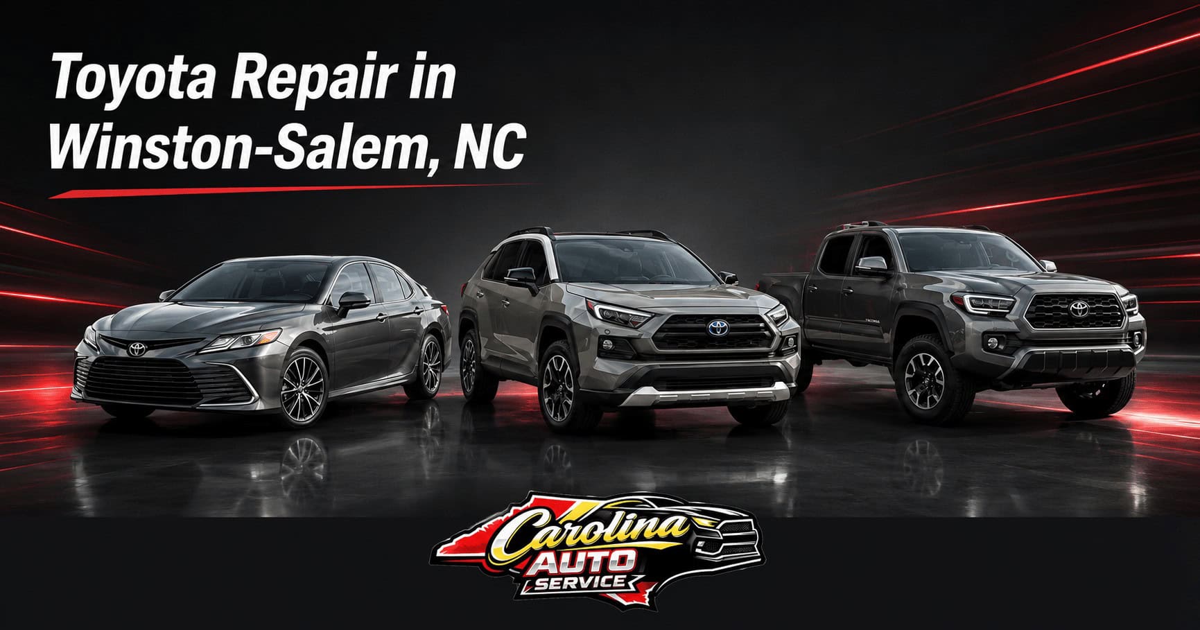 Recent Toyota sedan, hybrid SUV, and pickup representing Toyota repair in Winston-Salem at Carolina Auto Service