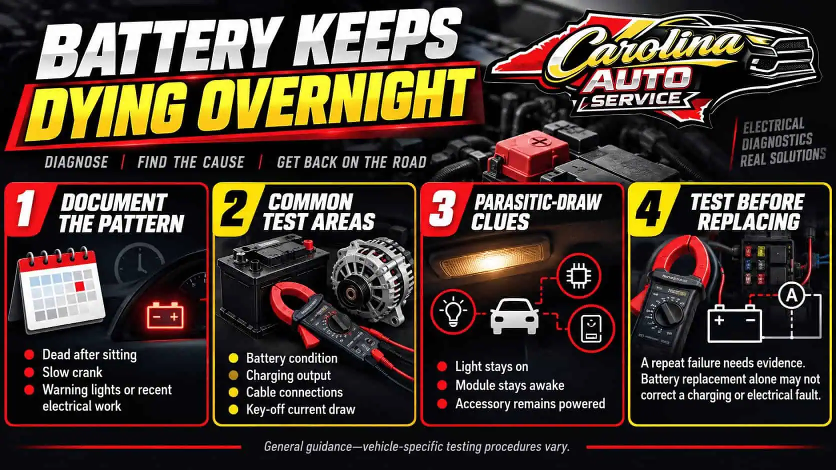 Car battery keeps dying overnight causes, warning signs, and next steps infographic