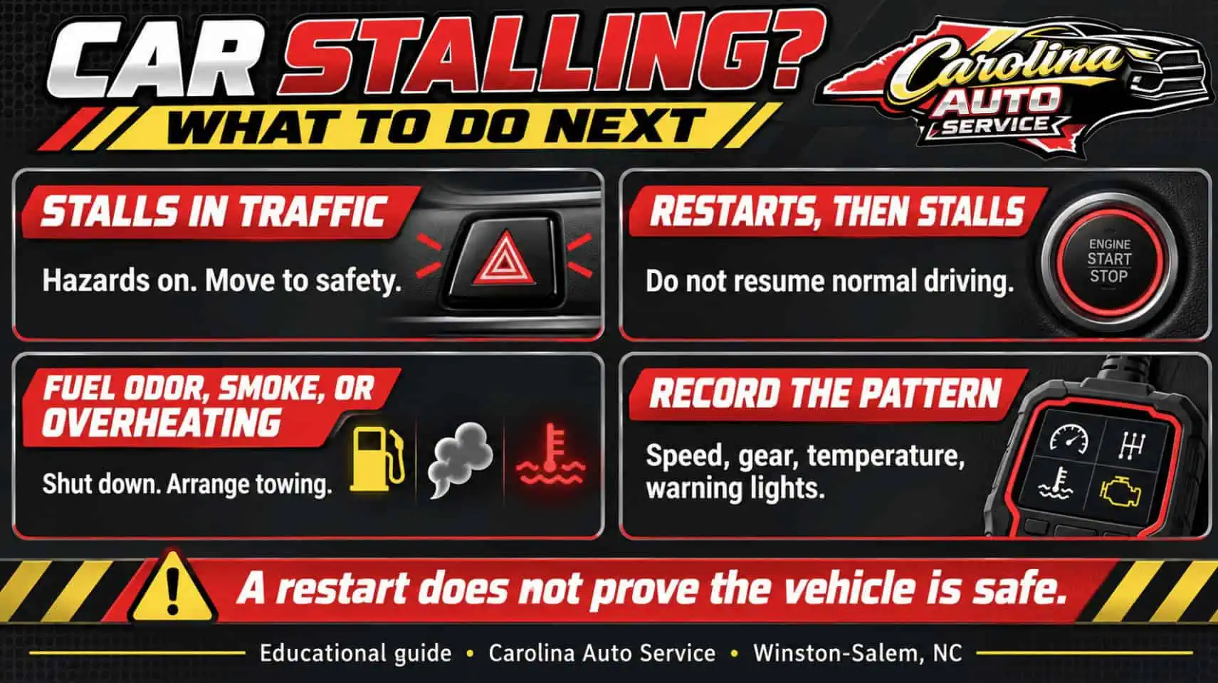 Car stalls while driving causes, warning signs, and next steps infographic