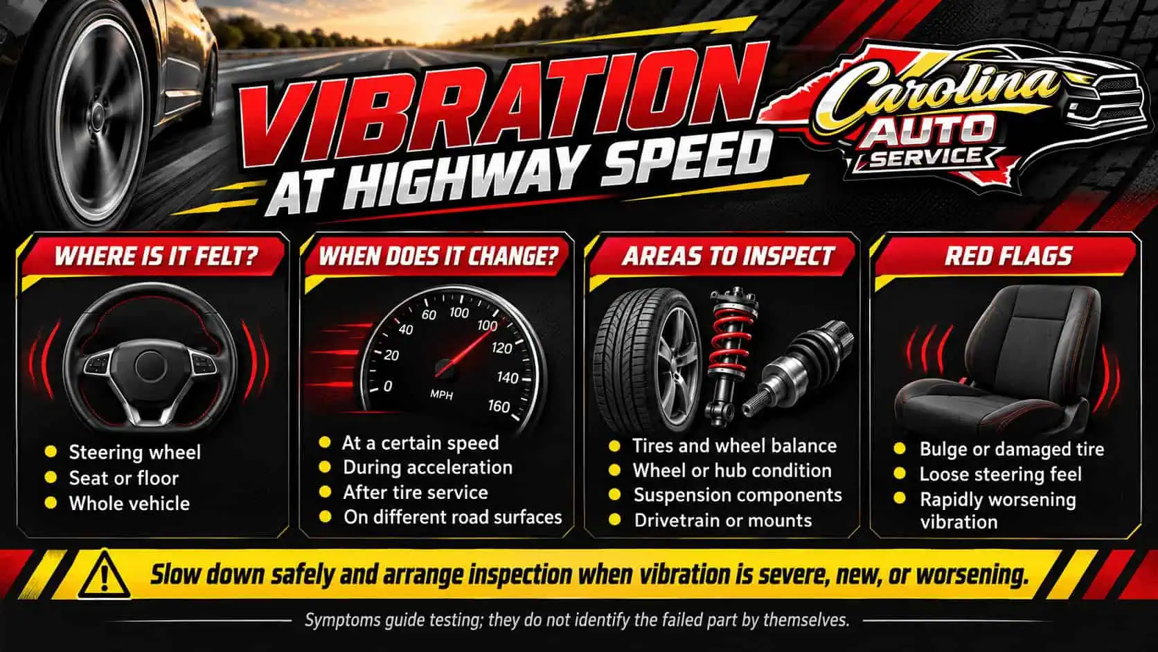 Car vibrates at highway speeds causes, warning signs, and next steps infographic