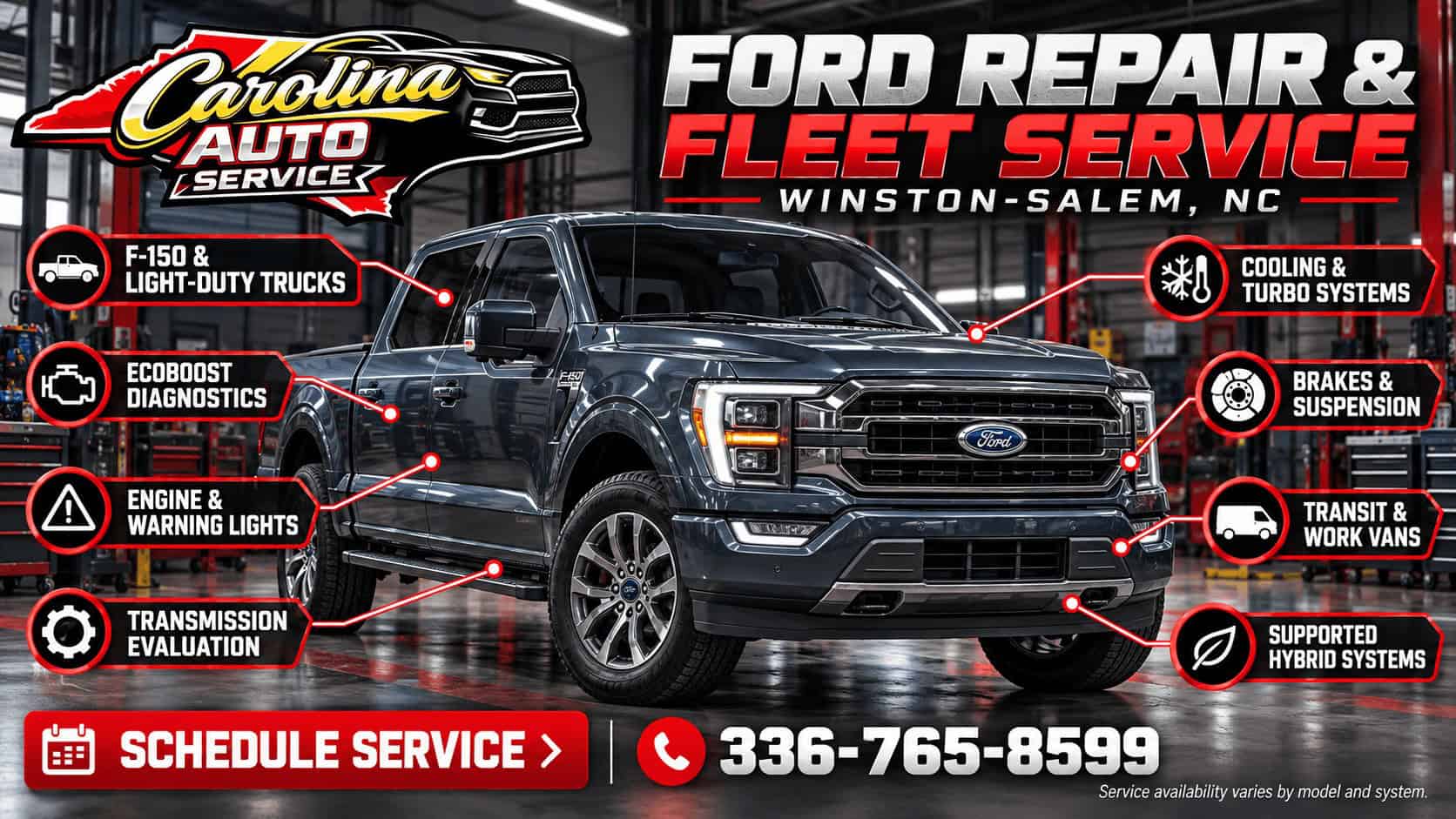 Ford F-150 repair and fleet service infographic for Carolina Auto Service in Winston-Salem, NC