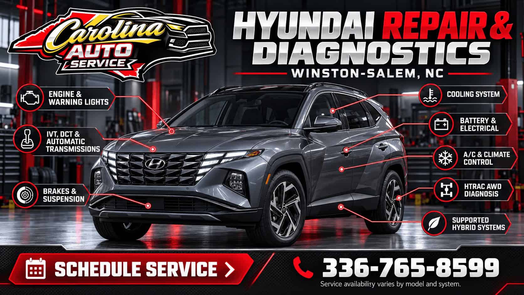 Hyundai Tucson repair and diagnostics infographic for Carolina Auto Service in Winston-Salem, NC