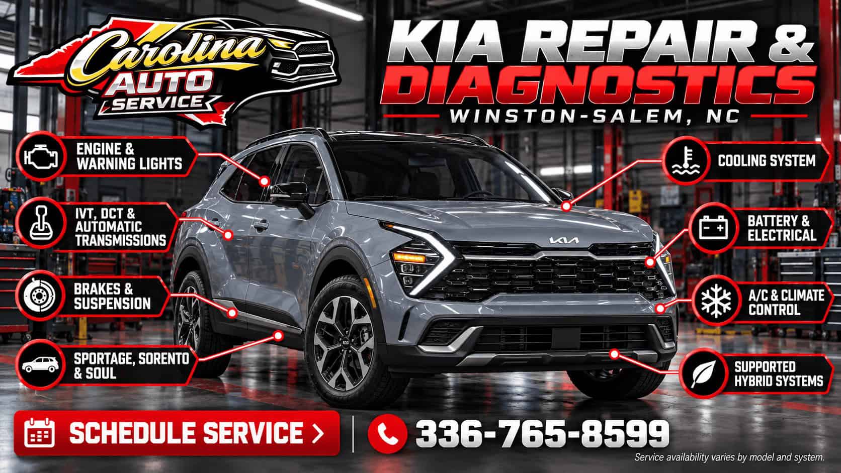 Kia repair and diagnostics infographic featuring a Kia Sportage at Carolina Auto Service in Winston-Salem, NC
