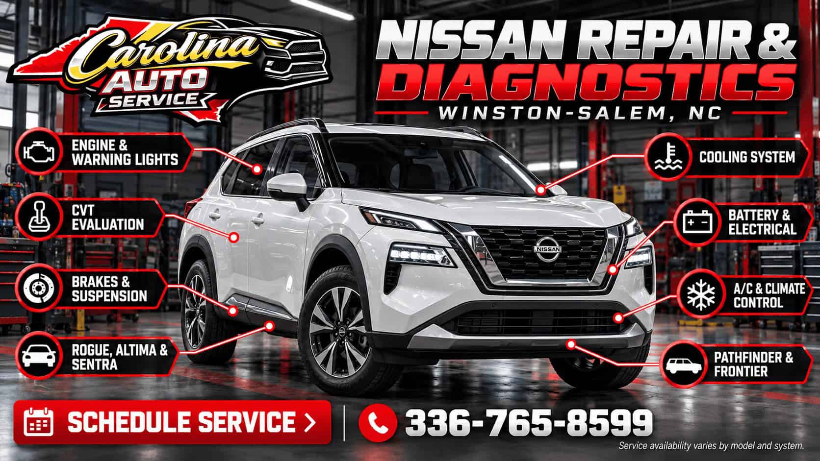 Nissan Rogue repair and CVT evaluation infographic for Carolina Auto Service in Winston-Salem, NC