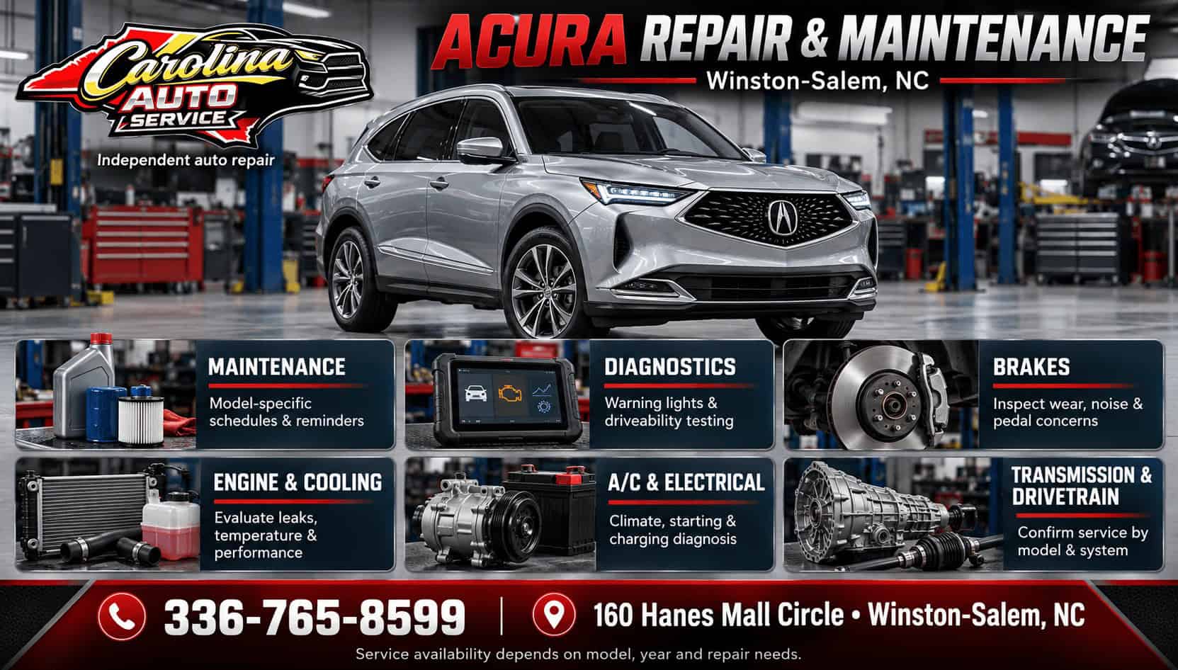 Acura repair in Winston-Salem infographic showing an Acura MDX and six maintenance and repair service areas at Carolina Auto Service.