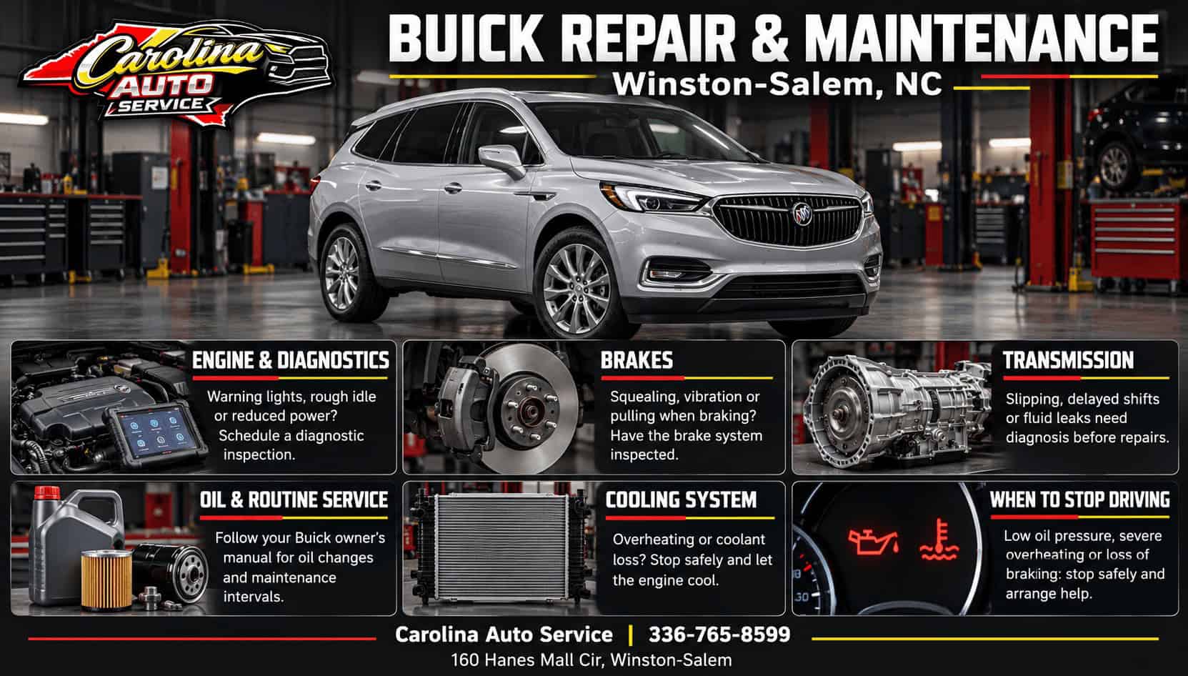 Carolina Auto Service infographic covering Buick diagnostics, brakes, transmission, oil service, cooling system care and urgent warning signs.