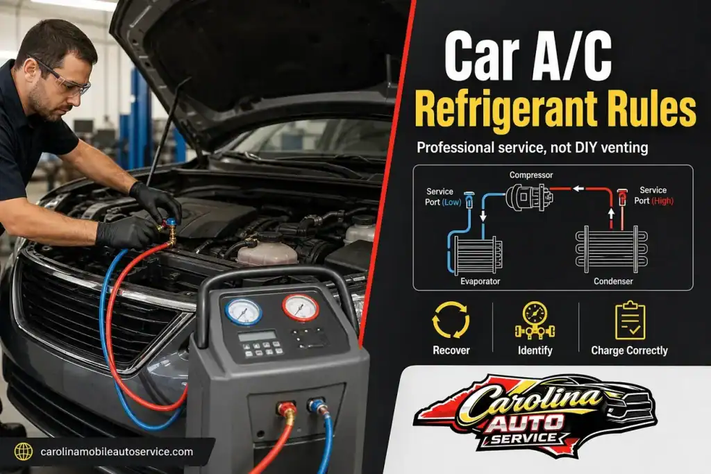 car ac refrigerant service machine connected to an open hood in a clean repair shop