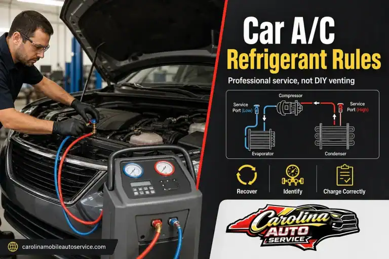 car ac refrigerant service machine connected to an open hood in a clean repair shop