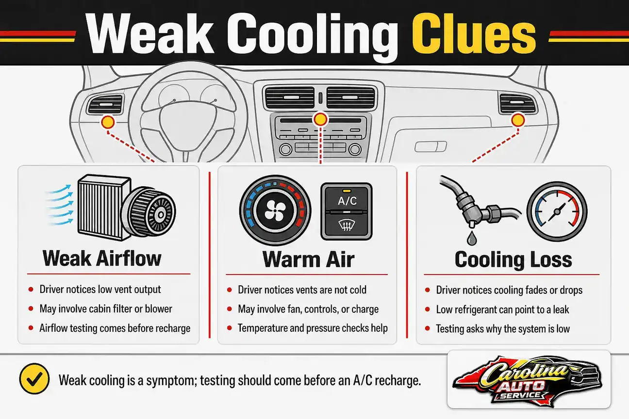 Comparison infographic for weak airflow warm air and leak-related A/C cooling loss