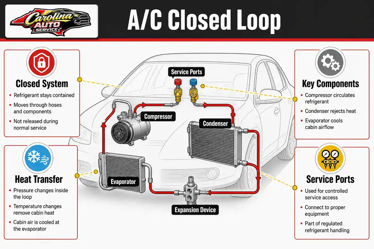 Simplified car A/C system diagram showing compressor condenser evaporator hoses and service ports