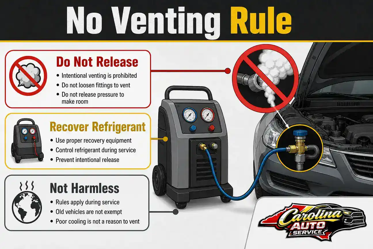 No venting refrigerant infographic showing recovery equipment connected to an A/C service port