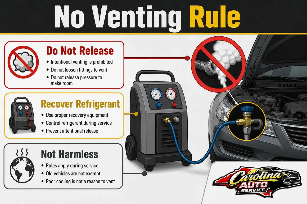 No venting refrigerant infographic showing recovery equipment connected to an A/C service port
