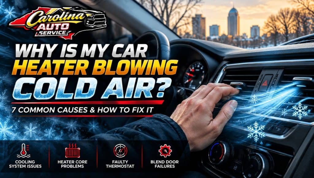 Car heater blowing cold air from dashboard vents as a driver checks the heating system, illustrating seven common causes and fixes.
