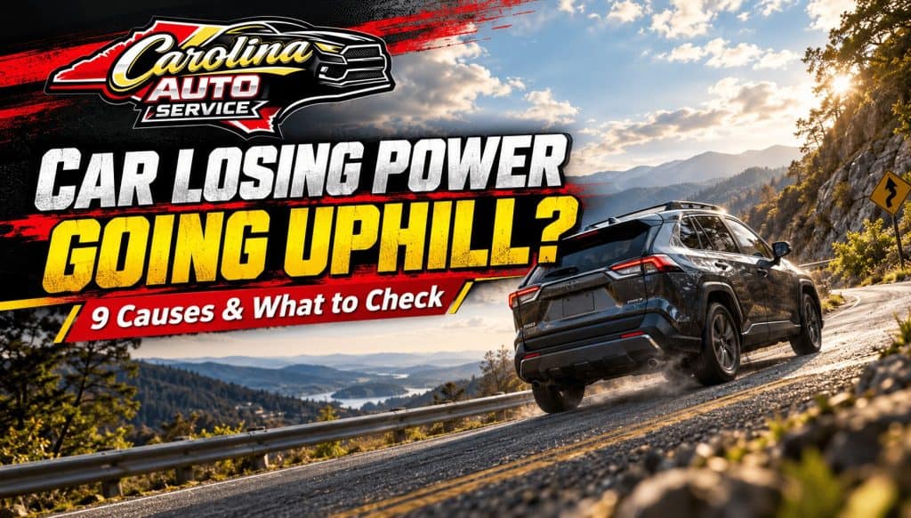 Dark gray SUV driving uphill on a steep mountain road, illustrating car engine power loss while accelerating uphill.