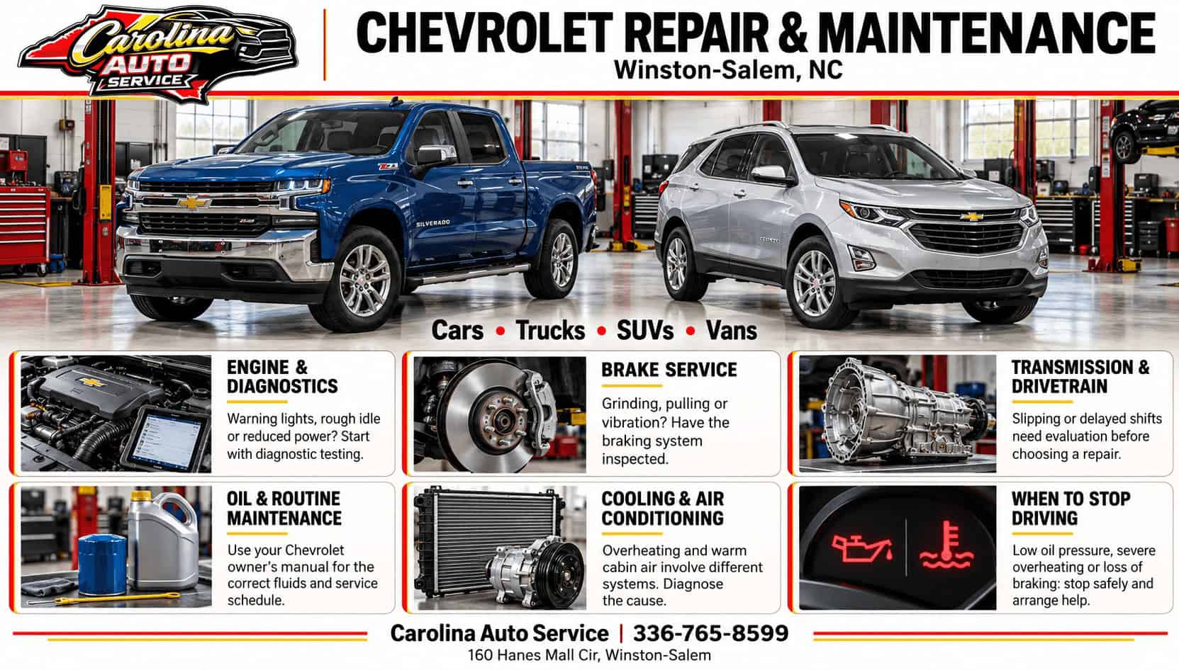 Carolina Auto Service infographic showing Chevrolet diagnostics, brakes, transmission, oil maintenance, cooling, air conditioning and urgent warning signs.