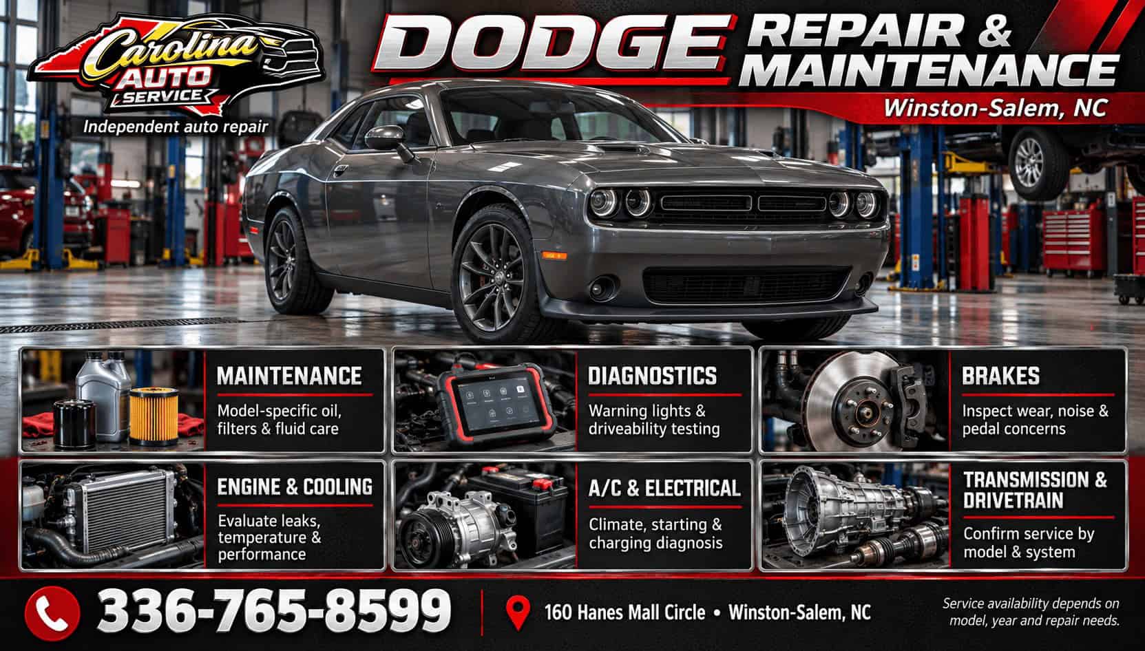 Dodge repair in Winston-Salem infographic showing a Dodge Challenger and six maintenance and repair service areas at Carolina Auto Service.
