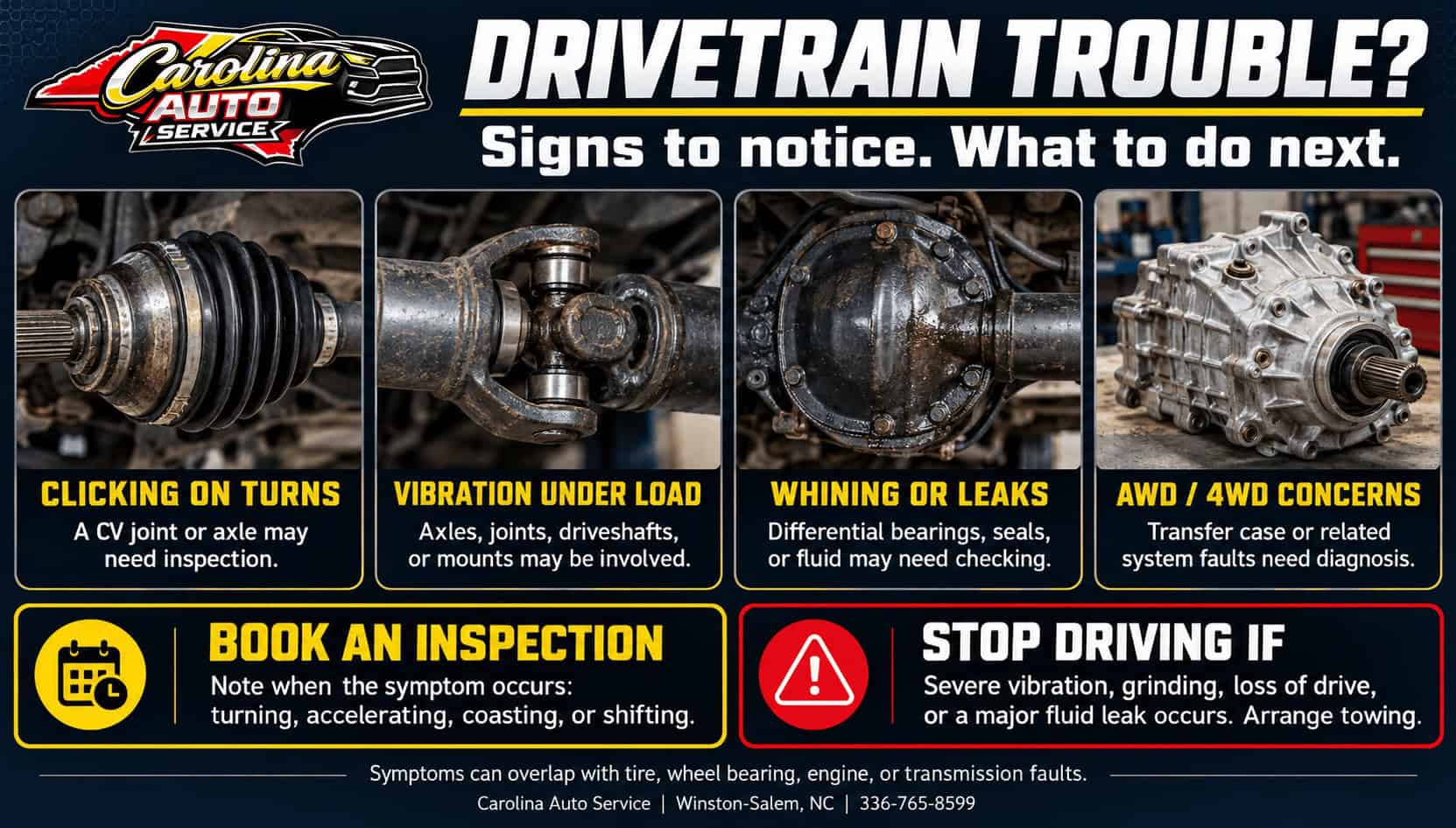 Drive train repair warning signs infographic for Winston-Salem drivers