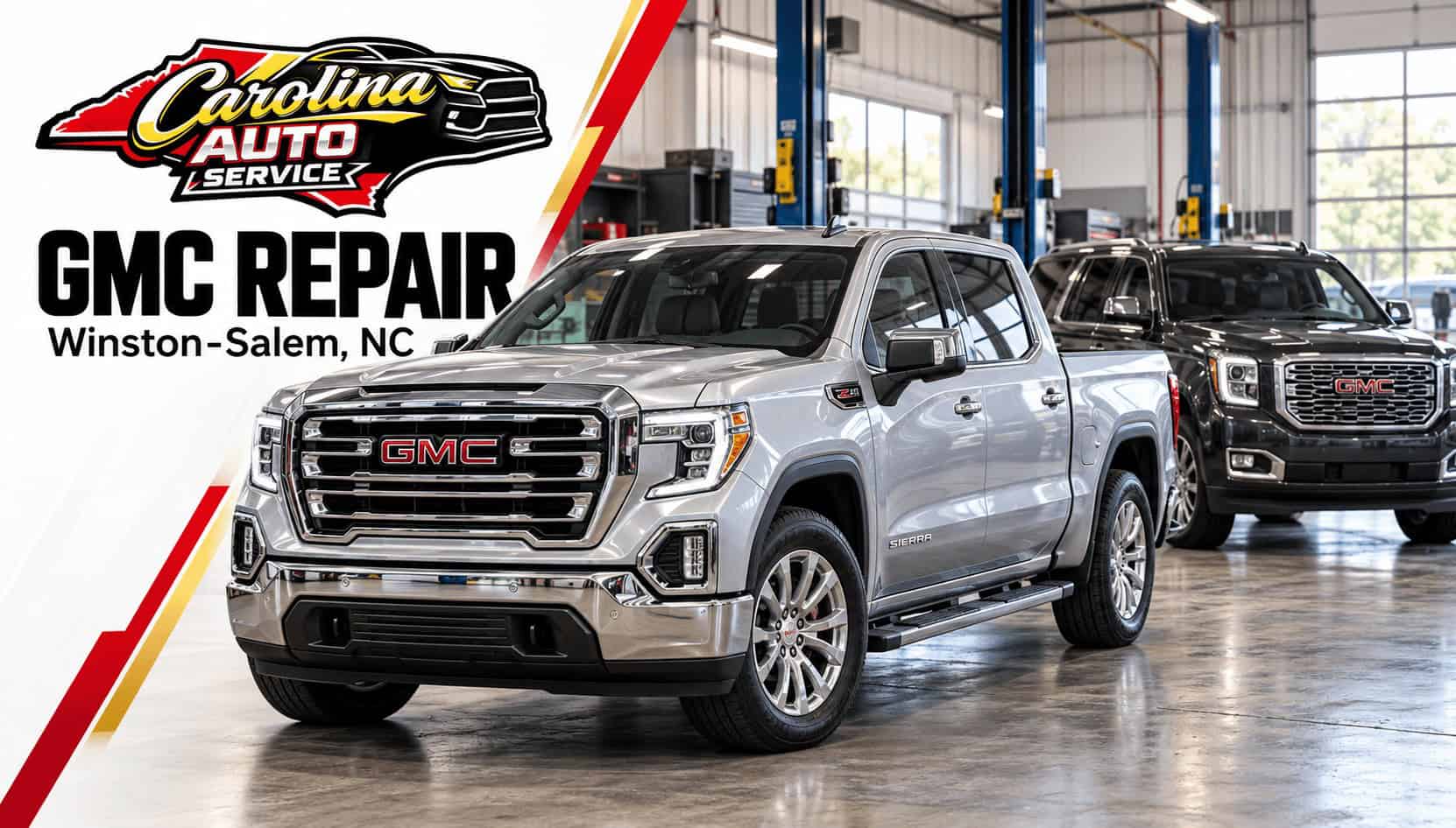 GMC repair in Winston-Salem at Carolina Auto Service, featuring a silver GMC pickup and SUV in a repair shop.