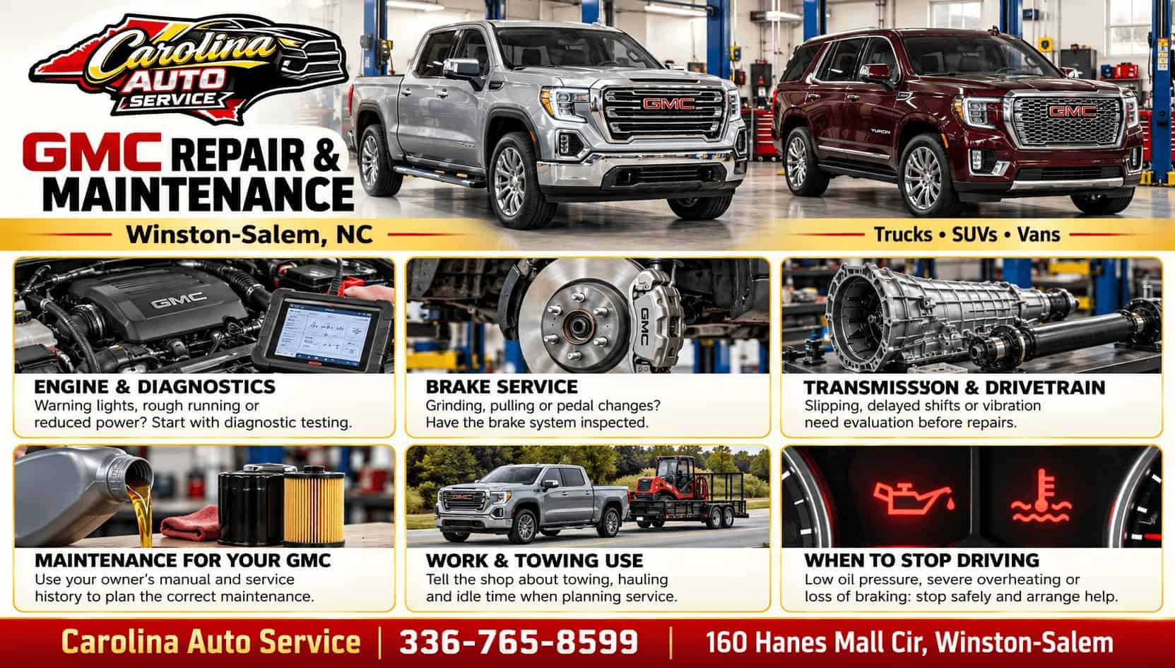 GMC repair infographic covering engine diagnostics, brakes, transmission and drivetrain, maintenance, towing and work use, and warning signs that require stopping.