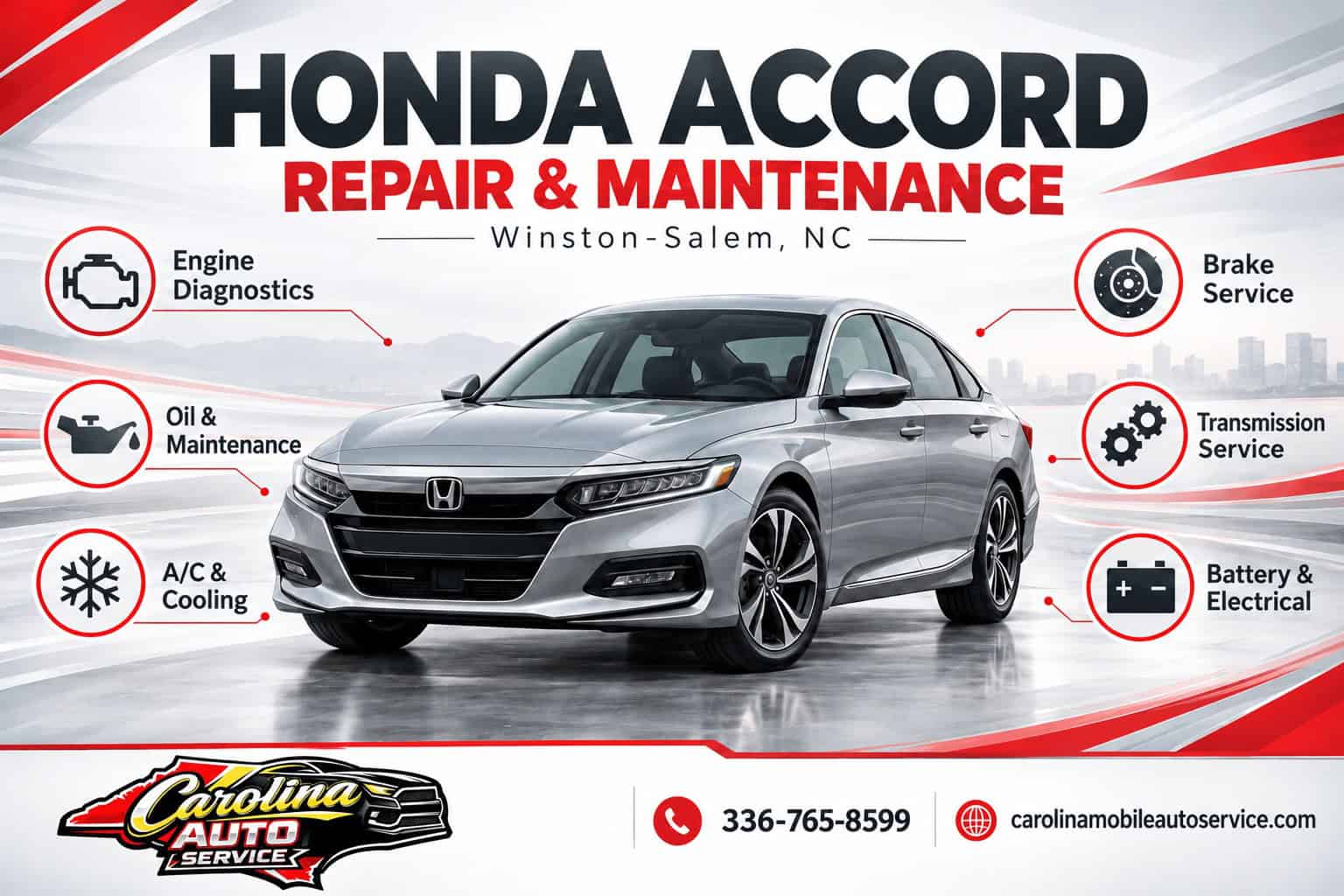 Honda Accord repair and maintenance infographic for Carolina Auto Service in Winston-Salem