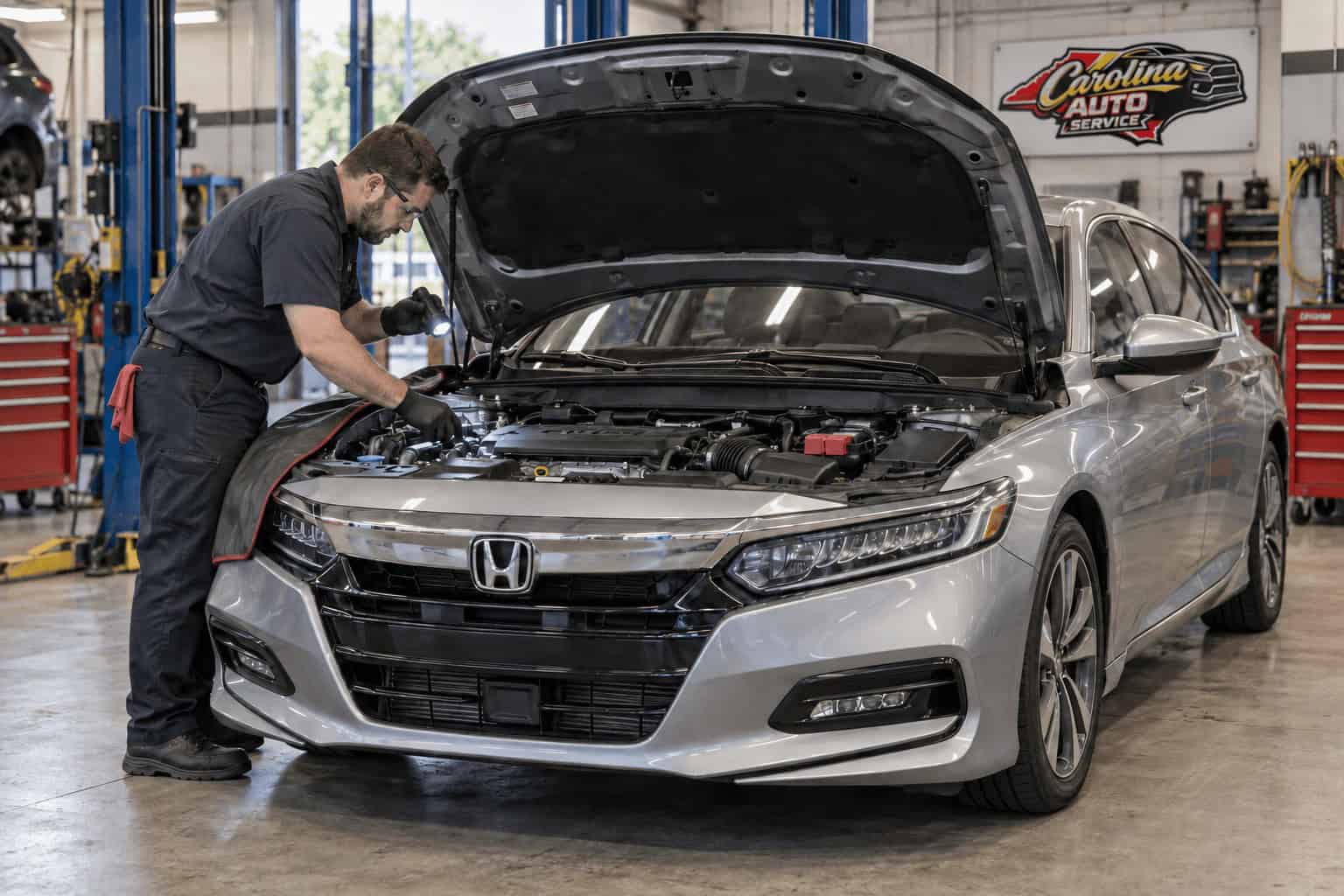 Technician inspecting a Honda Accord engine inside a repair shop bay