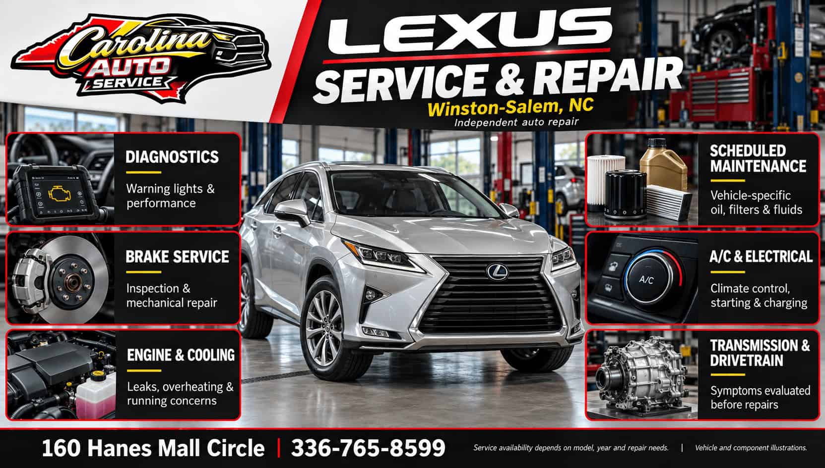 Lexus repair in Winston-Salem service infographic showing a Lexus RX and maintenance, diagnostics, brakes, cooling, A/C and drivetrain services.