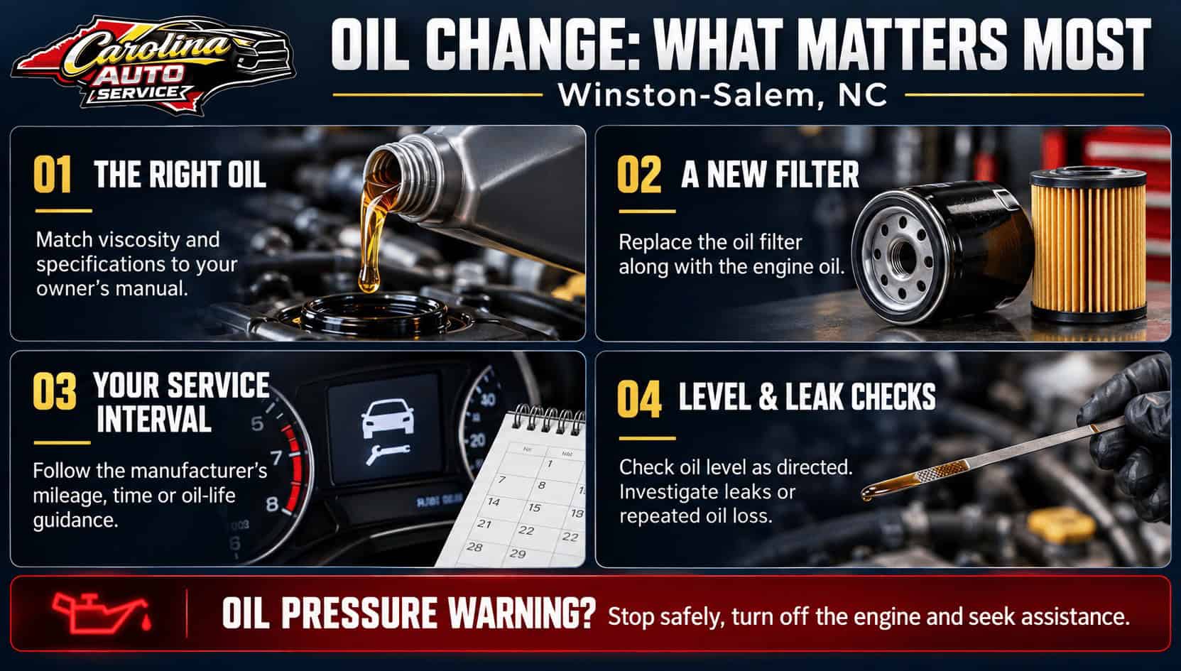 Oil change infographic covering oil specifications, filter replacement, service intervals, oil level checks and an oil pressure warning.