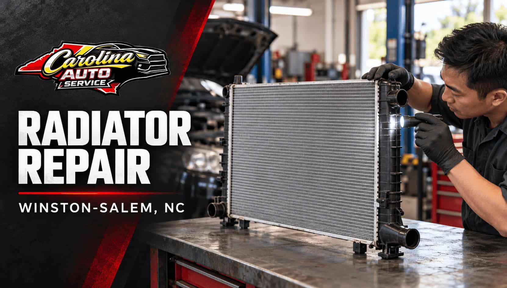Technician inspecting a vehicle radiator on a workshop bench, with Carolina Auto Service branding.