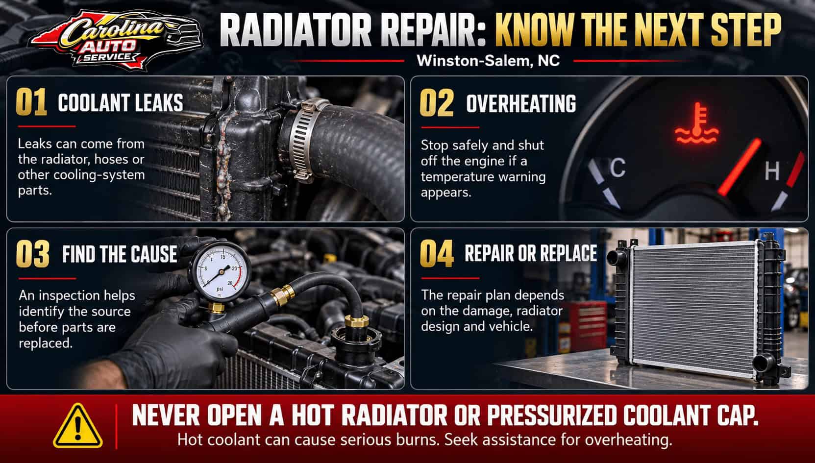 Radiator repair infographic covering coolant leaks, overheating, inspection, repair or replacement, and hot coolant safety.