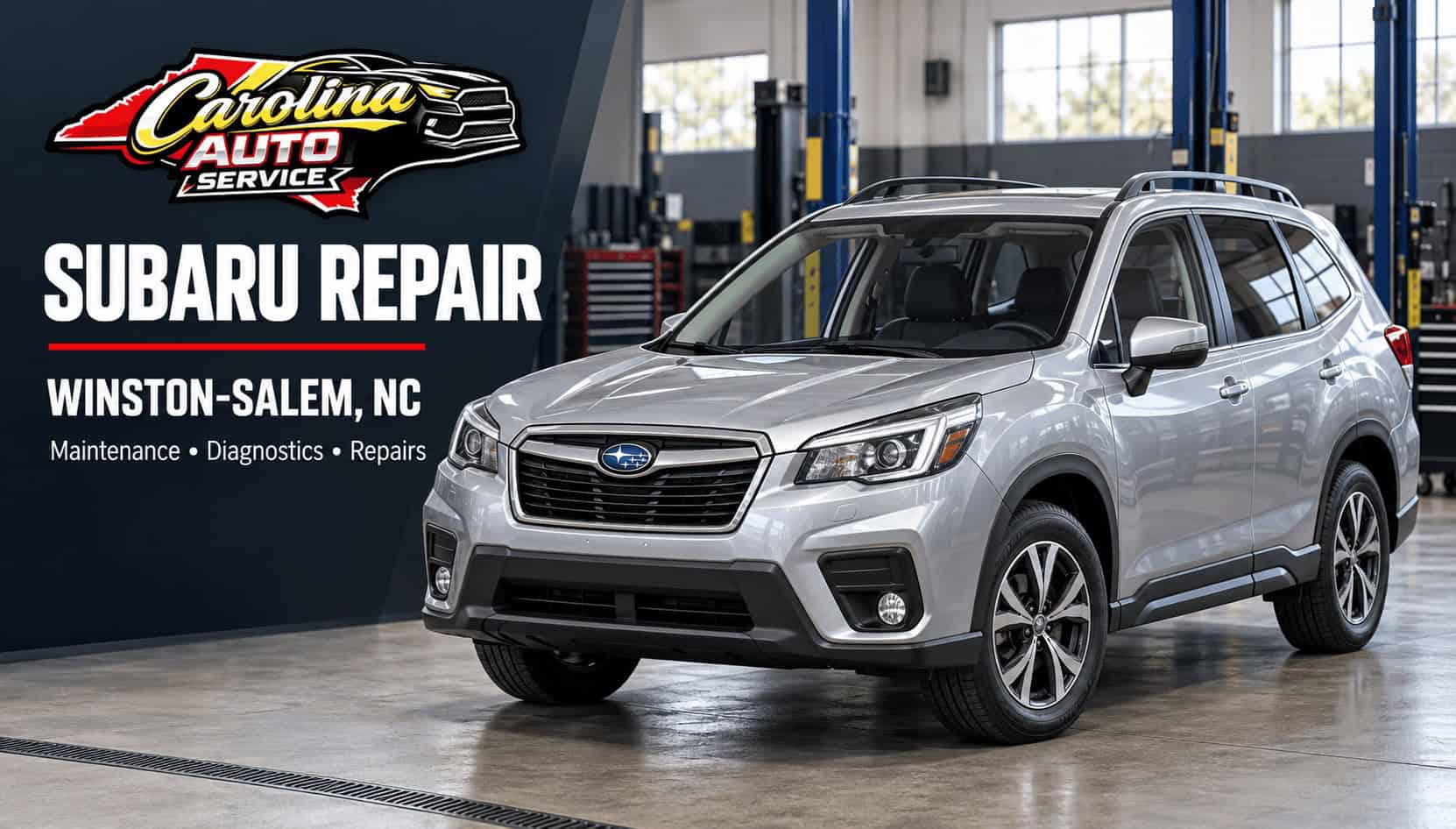 Subaru repair in Winston-Salem banner featuring a silver Subaru Forester and Carolina Auto Service branding