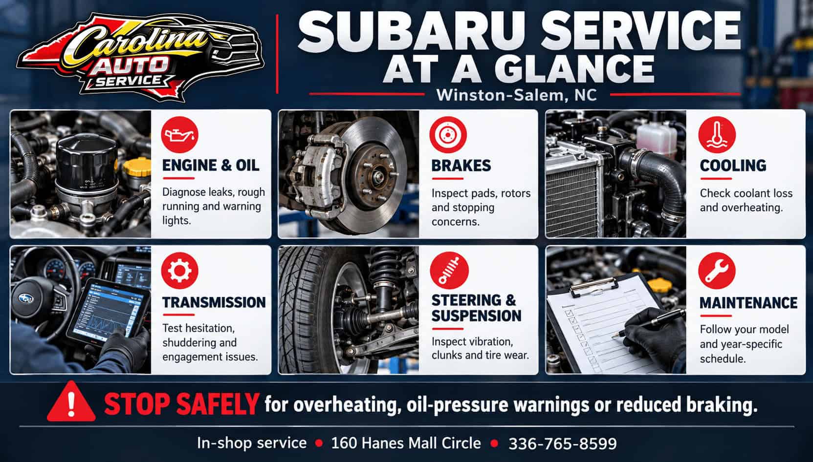 Subaru repair and service infographic covering engine and oil, brakes, cooling, transmission, steering and suspension, maintenance, and urgent warning signs
