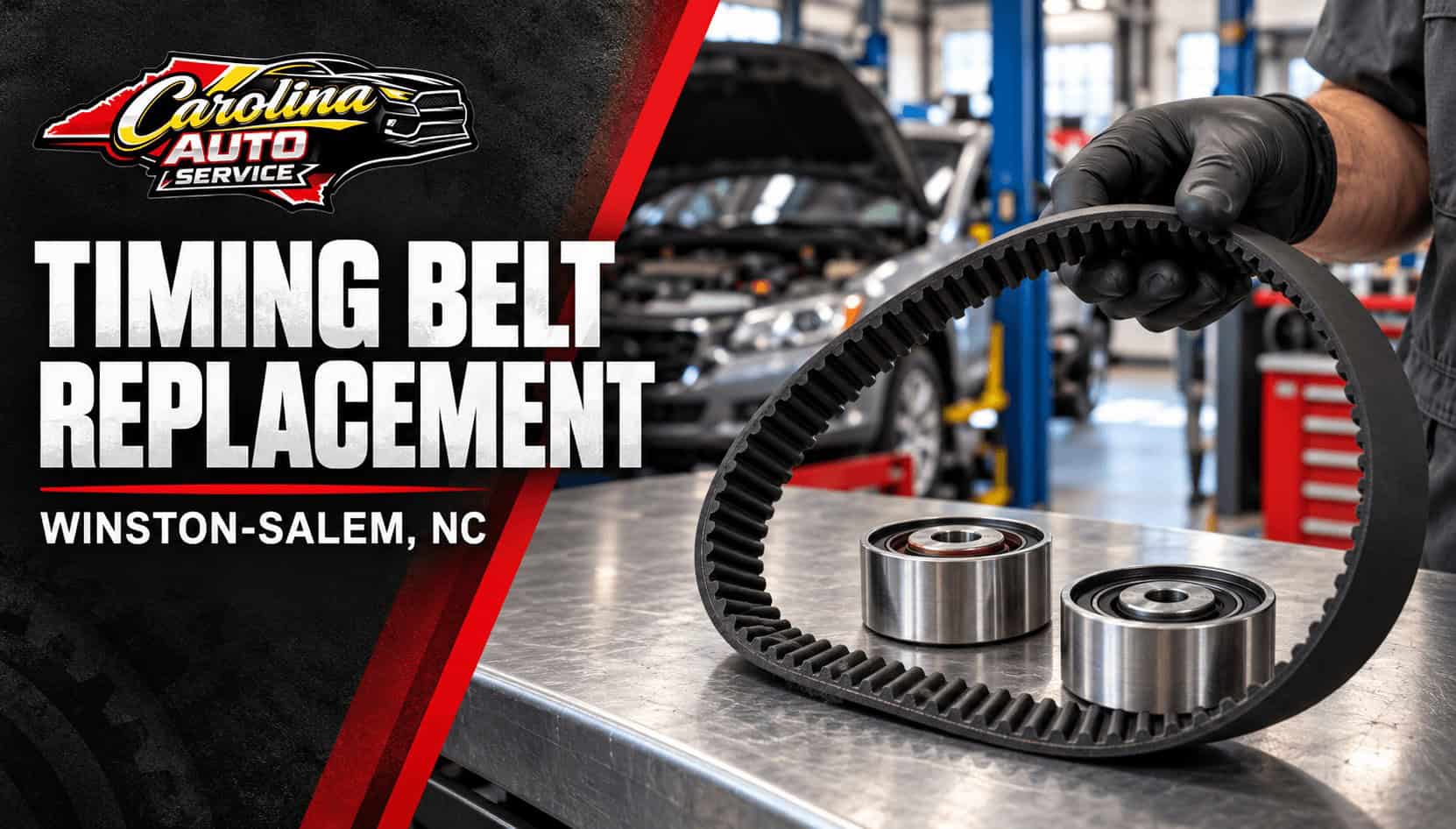Gloved hand holding a toothed timing belt above two pulleys on a workshop bench, with Carolina Auto Service branding.