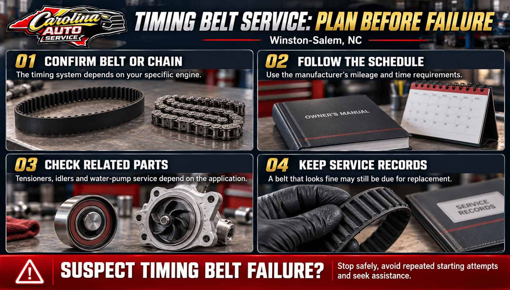 Timing belt infographic showing a belt and chain, maintenance schedule, pulley and water pump, and service-record guidance.