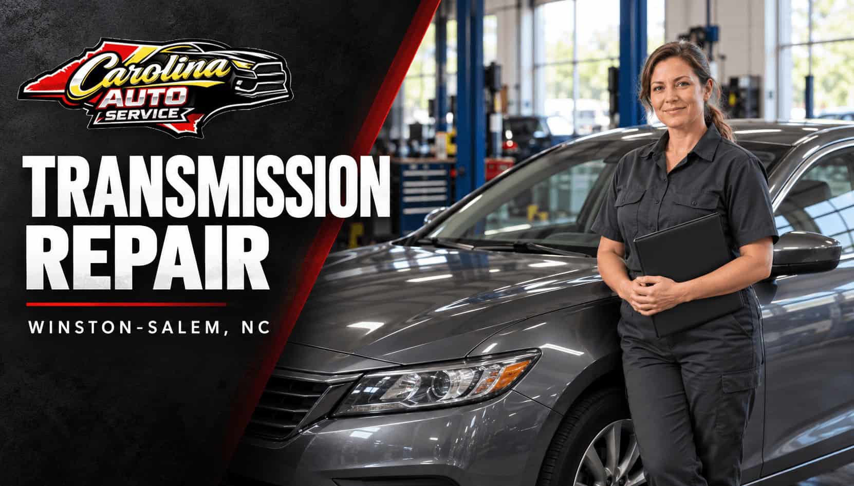 Automotive technician holding a service folder beside a parked sedan in a repair shop, with Carolina Auto Service transmission repair branding.
