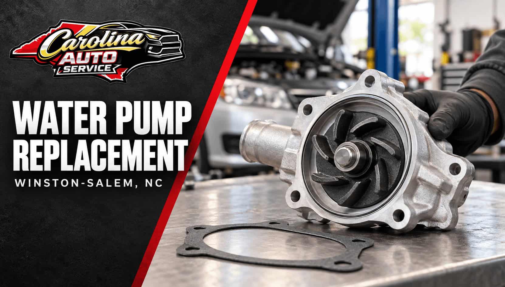 Automotive water pump with a visible impeller and separate gasket on a workshop bench, with Carolina Auto Service branding.