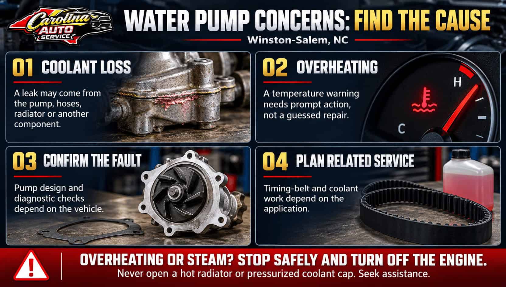 Water pump infographic covering coolant leaks, overheating, pump diagnosis, related timing-belt service, and hot-coolant safety.